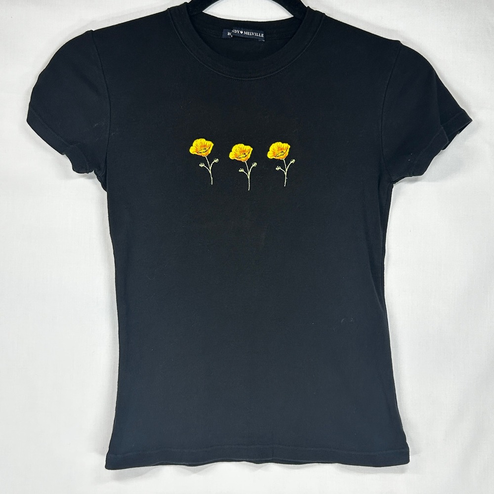 Brandy Melville Black Yellow Poppy Embroidered Floral Fitted T-Shirt